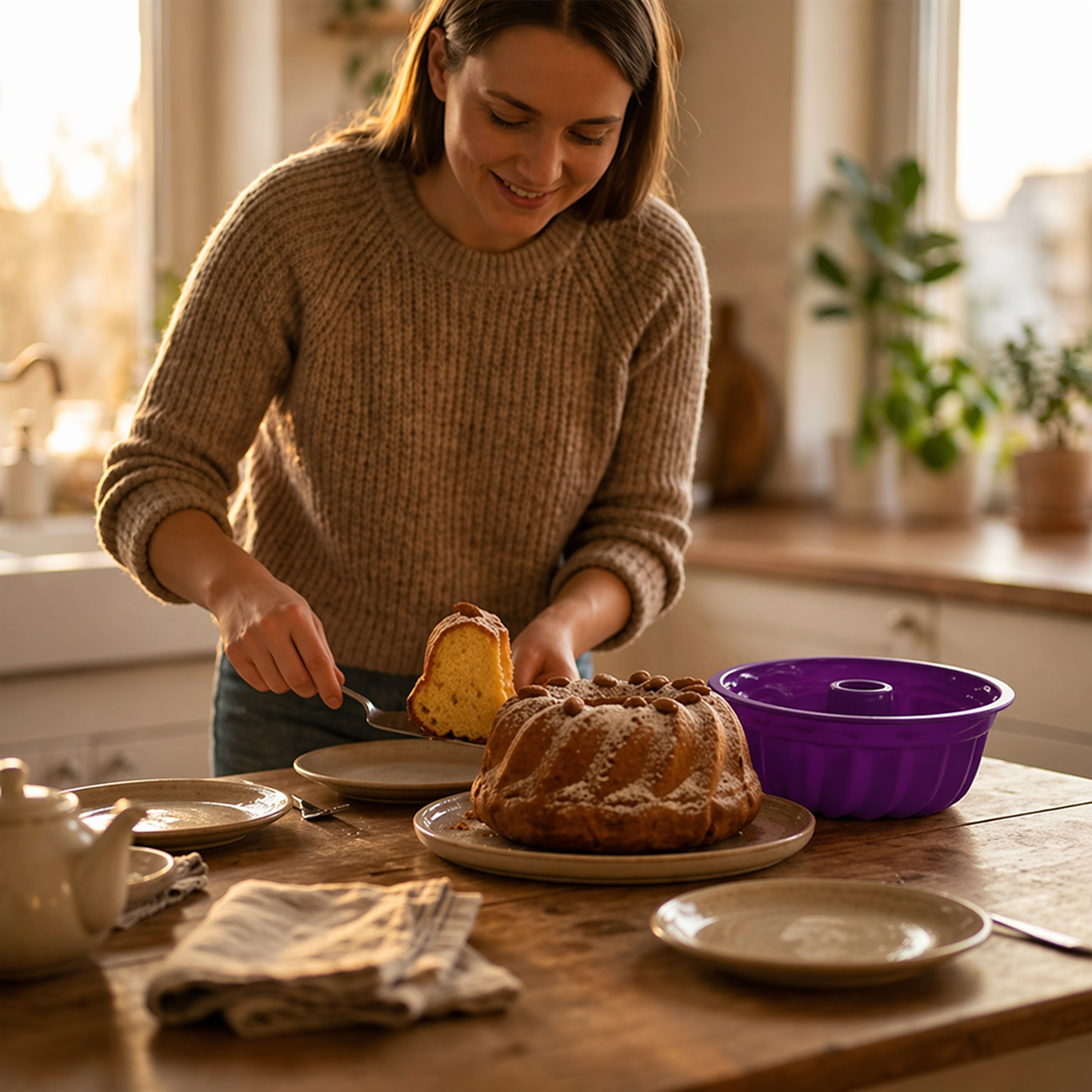 Découpe du gâteau cuit dans moule à kouglof violet