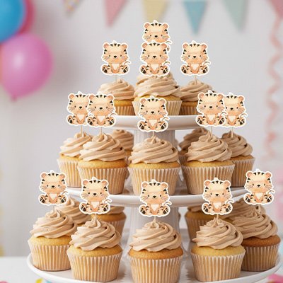 Cupcakes avec Décoration gateau anniversaire et tigres mignons