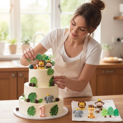 Décoration gateau anniversaire avec lion, éléphant et girafe sur gâteau par une maman
