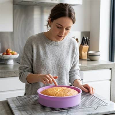 Femme vérifiant un gâteau cuit dans Moule a manqué