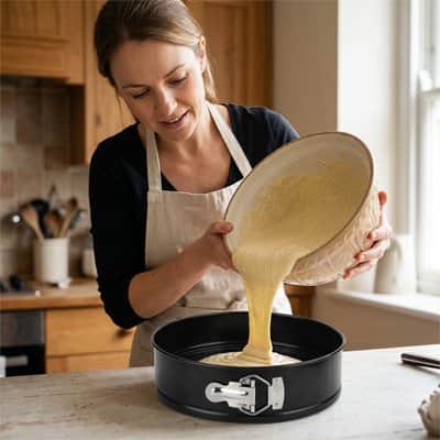 Femme versant la pâte dans un Moule a manqué noir