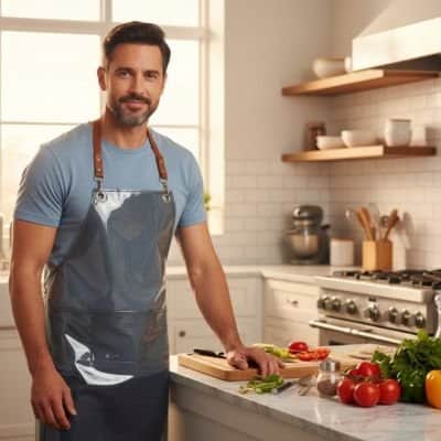 Homme posant devant des légumes avec un Tablier de cuisine