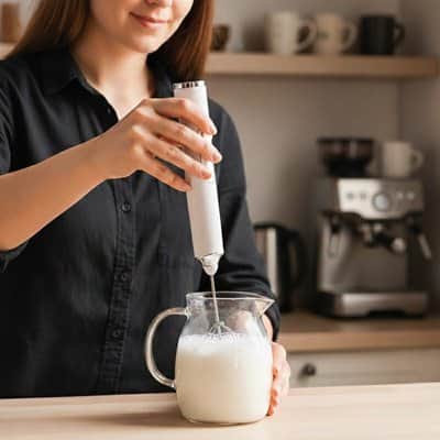 Mousseur à lait blanc préparant du lait dans un pichet