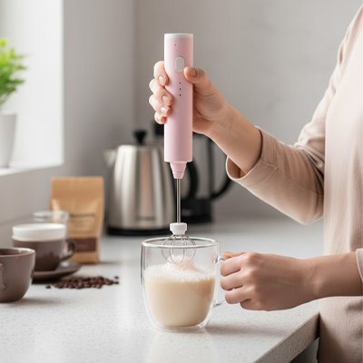 Mousseur a lait rose utilisé pour créer de la mousse de lait