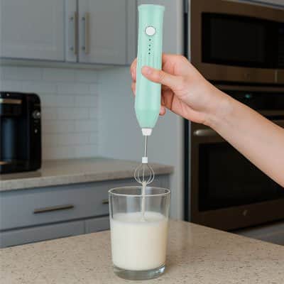 Mousseur à lait vert fouettant du lait dans un verre