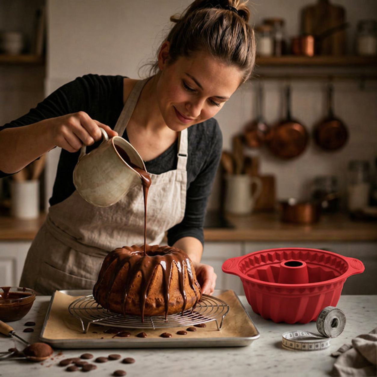 Ajout de chocolat sur gâteau décoré dans moule à kouglof rouge