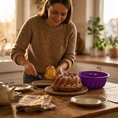 Découpe du gâteau cuit dans moule à kouglof violet