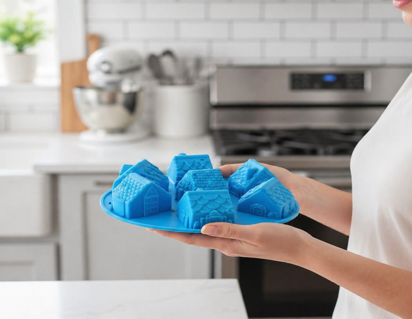 Femme souriante tenant un moule en silicone bleu avec maisons
