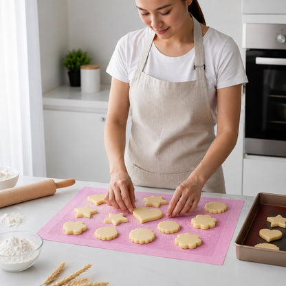 Tapis de cuisson rose avec biscuits formes variées