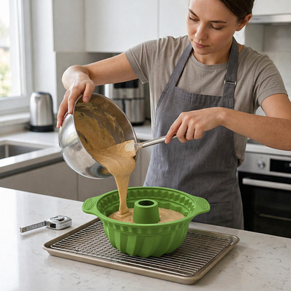 Versement de pâte dans moule à kouglof vert avant cuisson