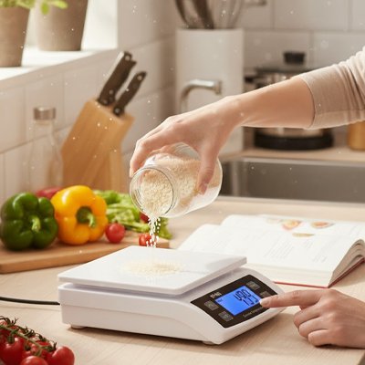 Balance Cuisine avec riz versé depuis un bocal