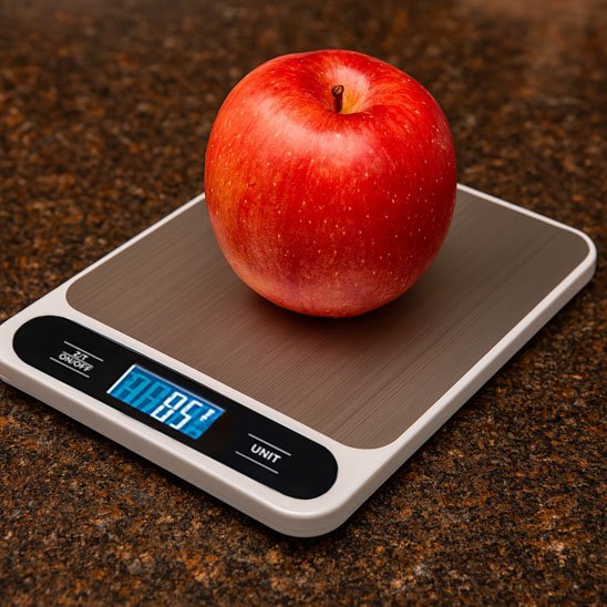 Balances de cuisine avec pomme sur le plateau