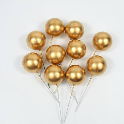 Boules dorées décoratives pour gâteau avec tiges métalliques