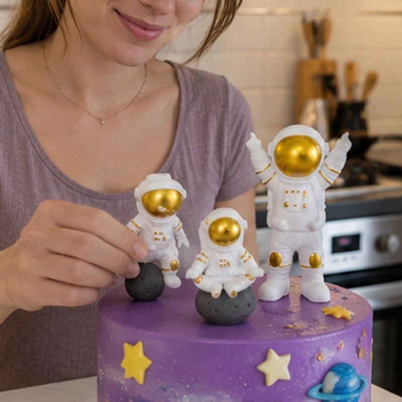 Décoration gateau anniversaire astronautes dorés sur gâteau violet