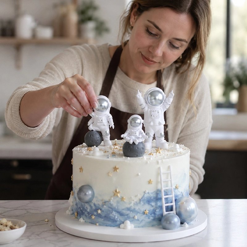 Décoration gateau anniversaire astronautes sur gâteau spatial bleu