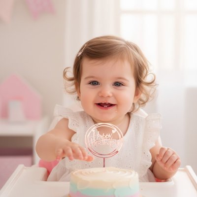 Décoration gateau anniversaire avec bébé souriant et gâteau coloré