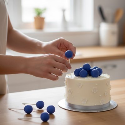 Décoration gâteau anniversaire avec boules bleues et fleurs blanches