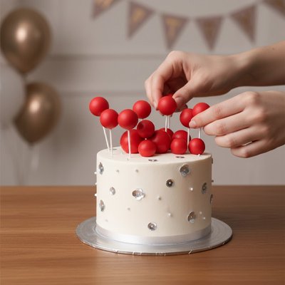 Décoration gâteau anniversaire avec boules rouges et décorations argentées 