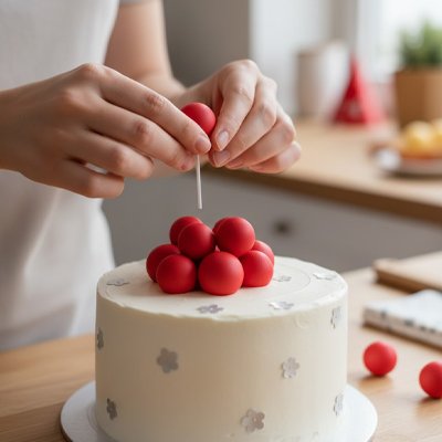 Décoration gâteau anniversaire avec boules rouges formant un sommet