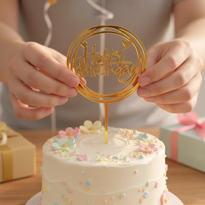 Décoration gateau anniversaire avec décoration colorée et message doré