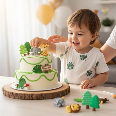 Décoration gateau anniversaire avec enfant ajoutant animaux sur gâteau
