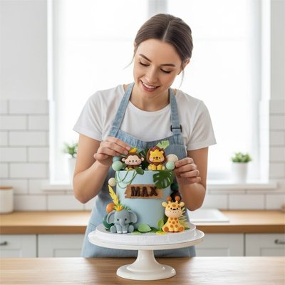 Décoration gateau anniversaire avec figurines d'animaux sur gâteau par une femme
