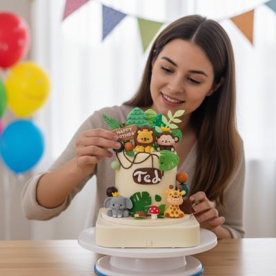 Décoration gateau anniversaire avec figurines de lion, éléphant et girafe par une femme