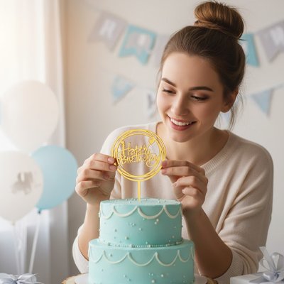 Décoration gateau anniversaire avec message doré et gâteau bleu