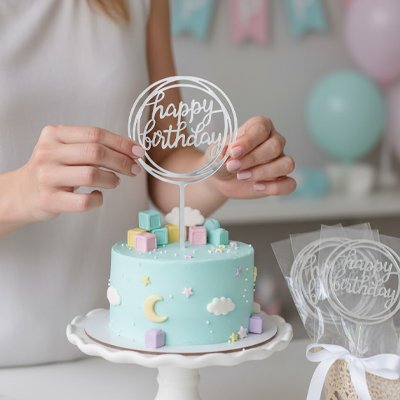 Décoration gateau anniversaire avec nuages et cubes pastel