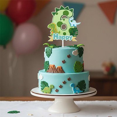 Décoration gateau anniversaire bleu avec figurines dinosaure et volcans