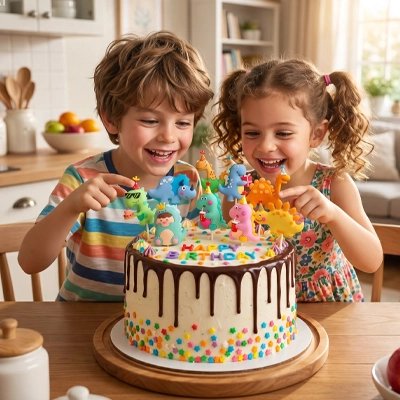 Décoration gateau anniversaire dinosaures colorés pour enfant