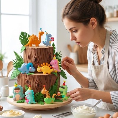 Décoration gateau anniversaire dinosaures colorés thème jungle
