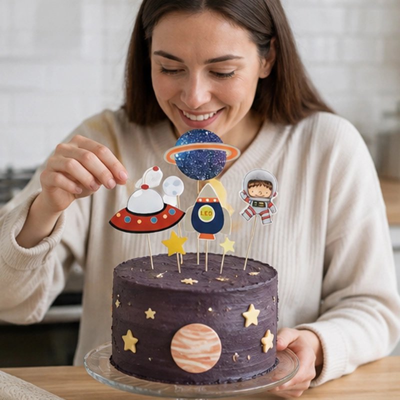 Décoration gateau anniversaire espace astronaute fusée et étoiles