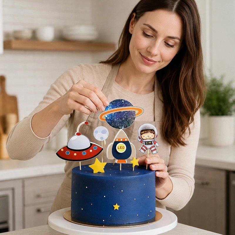 Décoration gateau anniversaire espace fusée astronaute et planète
