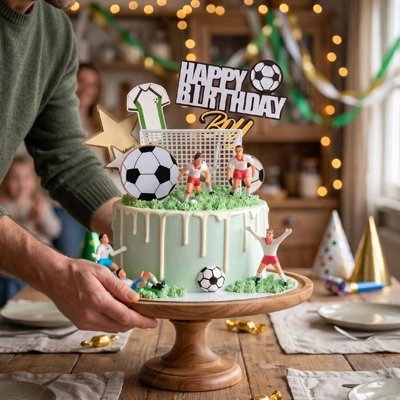 Décoration gateau anniversaire football vert avec joueurs et but