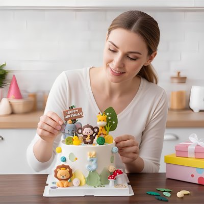 Décoration gateau anniversaire jungle avec animaux colorés