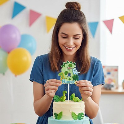 Décoration gateau anniversaire par une femme avec figurine dinosaure et Happy