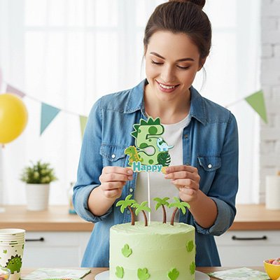 Décoration gateau anniversaire par une femme avec figurine dinosaure et arbres