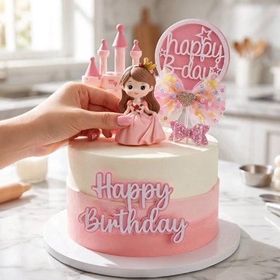 Décoration gateau anniversaire princesse rose avec château