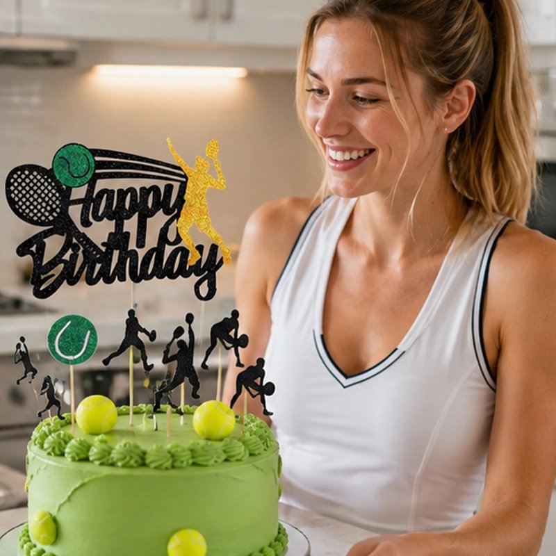 Décoration gateau anniversaire tennis noir sur gâteau vert