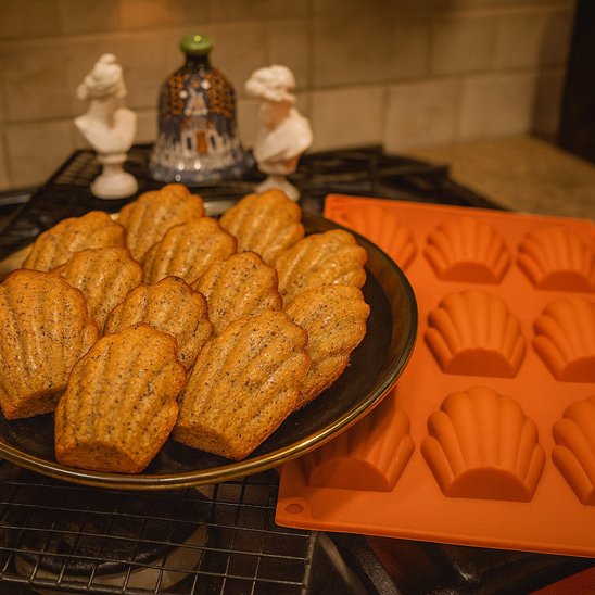 des madeleines dorées sur un plateau, avec un moule en silicone orange à côté, dans une cuisine au fond décoré de bustes et d'un carrelage clair