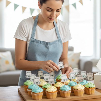  Femme ajoutant Décoration gateau anniversaire sur des cupcakes
