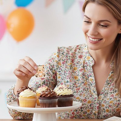 Femme décorant des cupcakes avec Décoration gateau anniversaire 