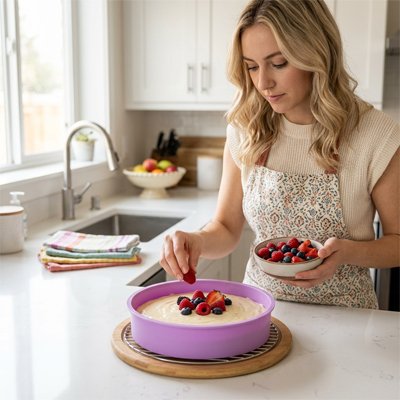 Femme décorant un gâteau avec des fruits dans Moule a manqué