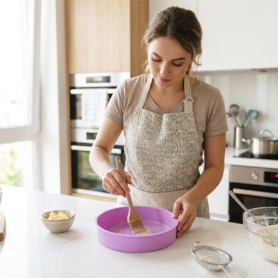 Femme graissant un Moule a manqué rose avec pinceau