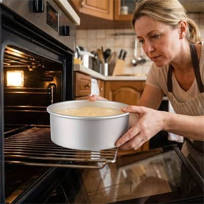 Femme plaçant le Moule a manqué dans le four