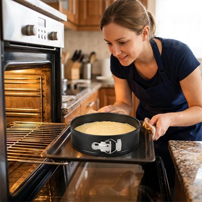 Femme plaçant un Moule a manqué avec pâte dans le four