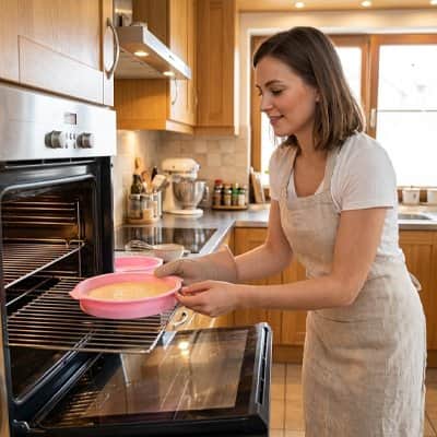 Femme plaçant un Moule a manqué rose dans le four