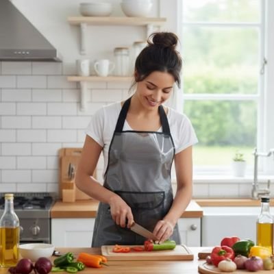 Femme préparant des légumes avec un Tablier de cuisine 