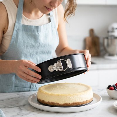 Femme retirant un cheesecake d'un Moule a manqué 